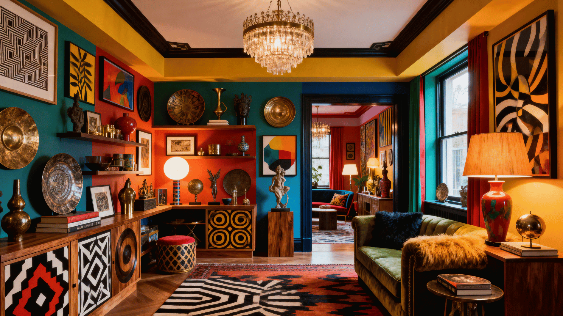 room showcasing personal collections, curated display of objects, artistic arrangement, unique and expressive space