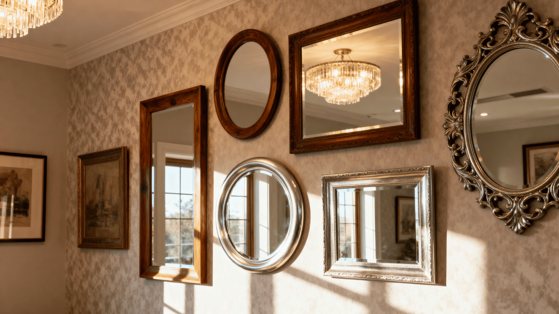 room with decorative mirrors in various shapes and frames, reflecting light, elegant and artistic wall styling