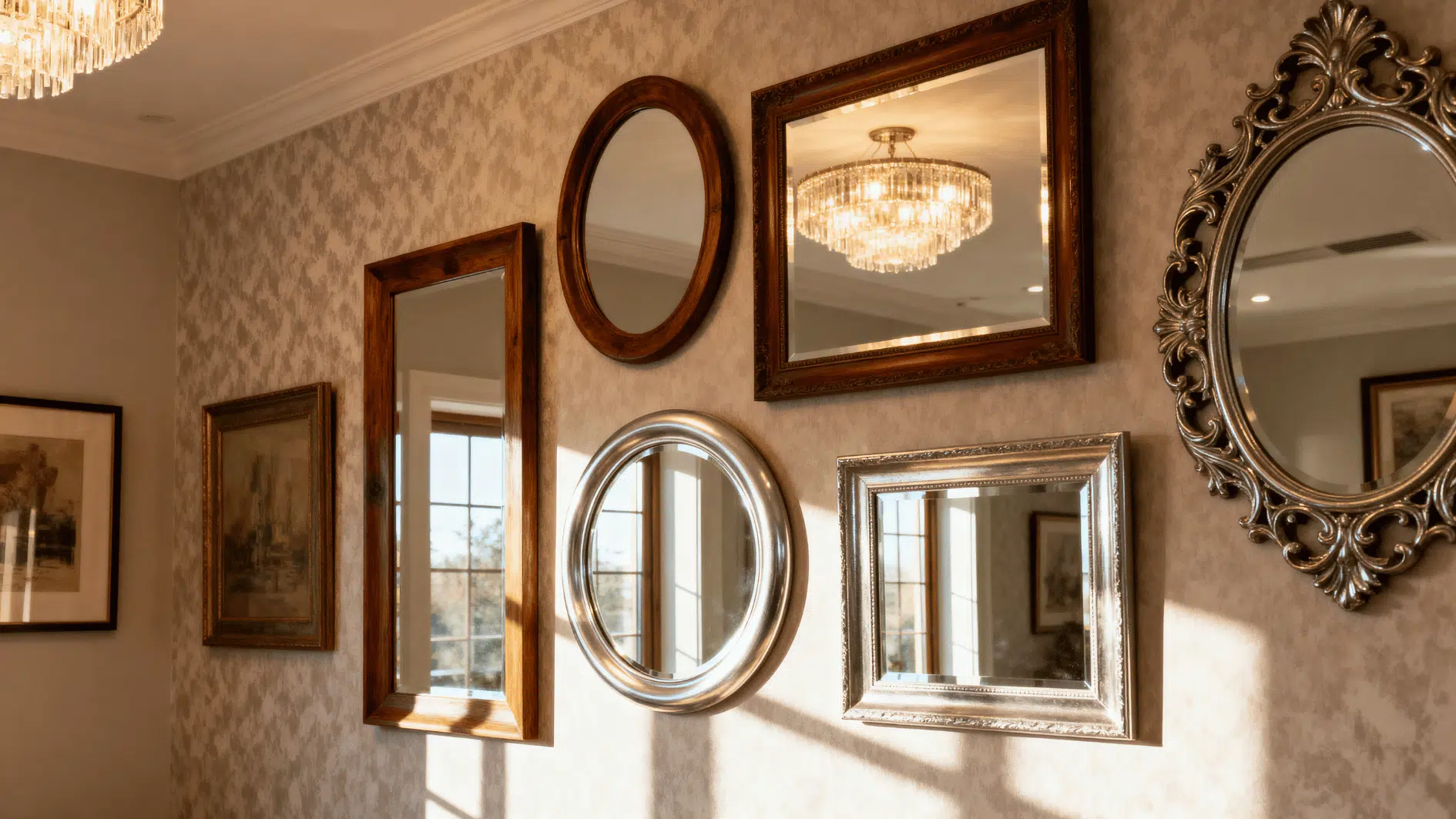 room with decorative mirrors in various shapes and frames, reflecting light, elegant and artistic wall styling