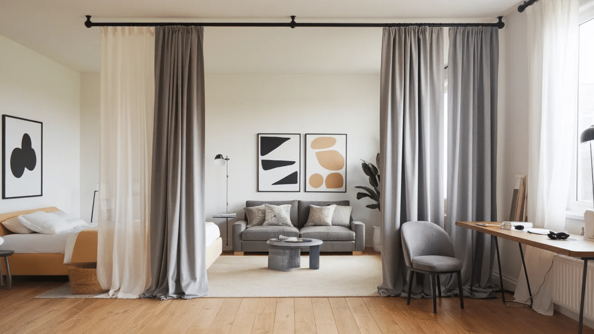 room with gray and white curtains separating a living area and bedroom, featuring a modern couch, artwork, and a workspace with a desk.