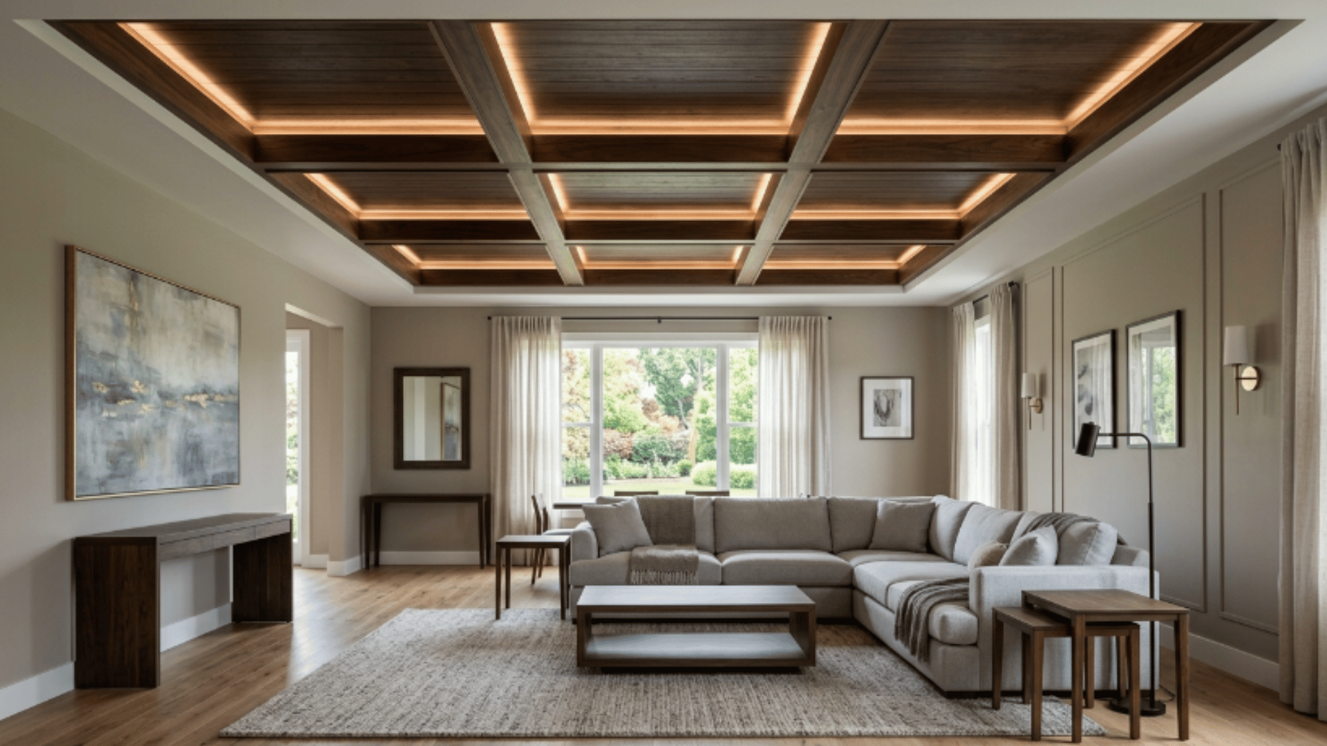 room with tray ceiling featuring beams arranged in box frame patterns creating structured ceiling sections