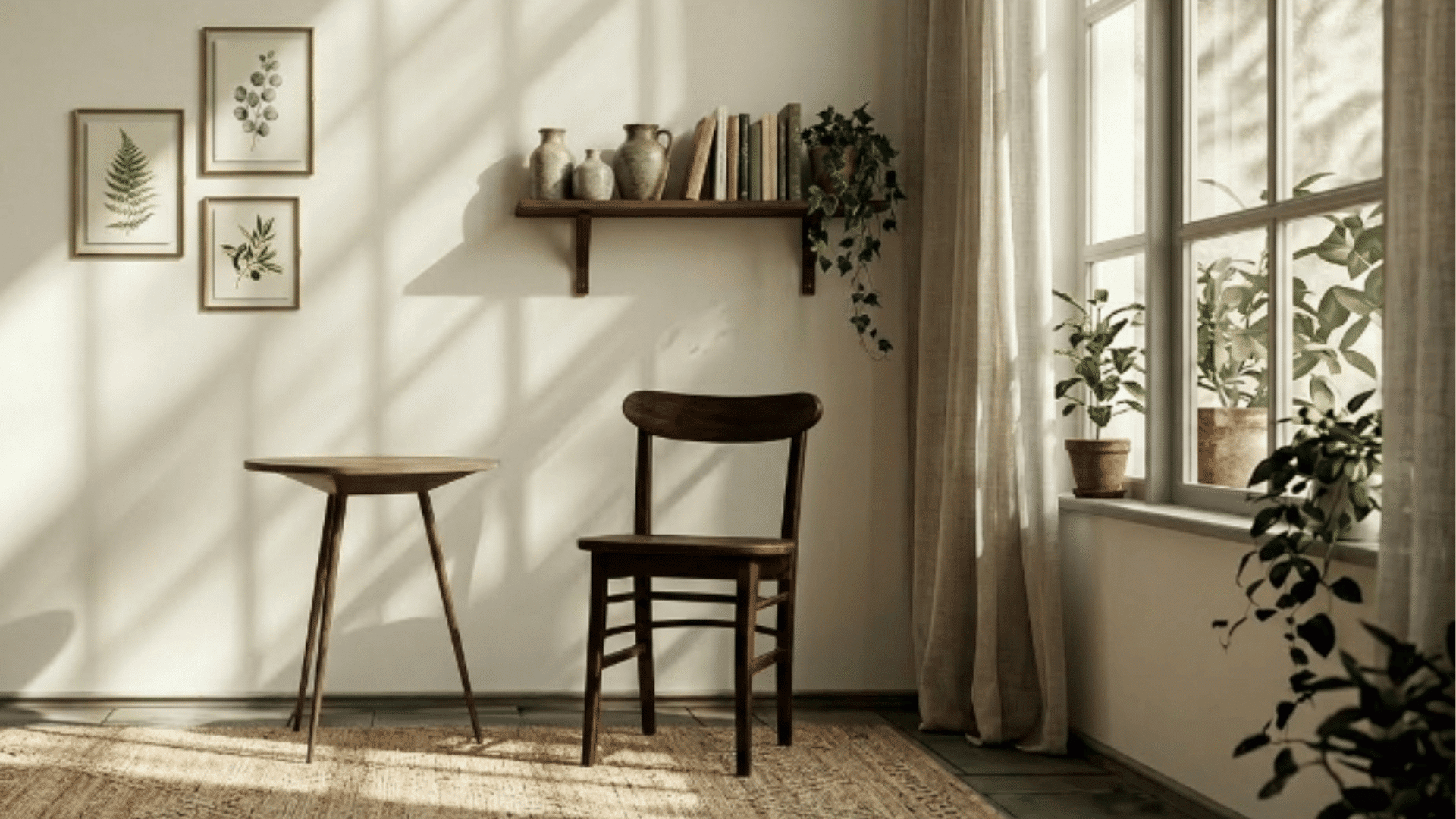 room with wooden chair small table plants wall decor and sunlight through window creating soft shadows