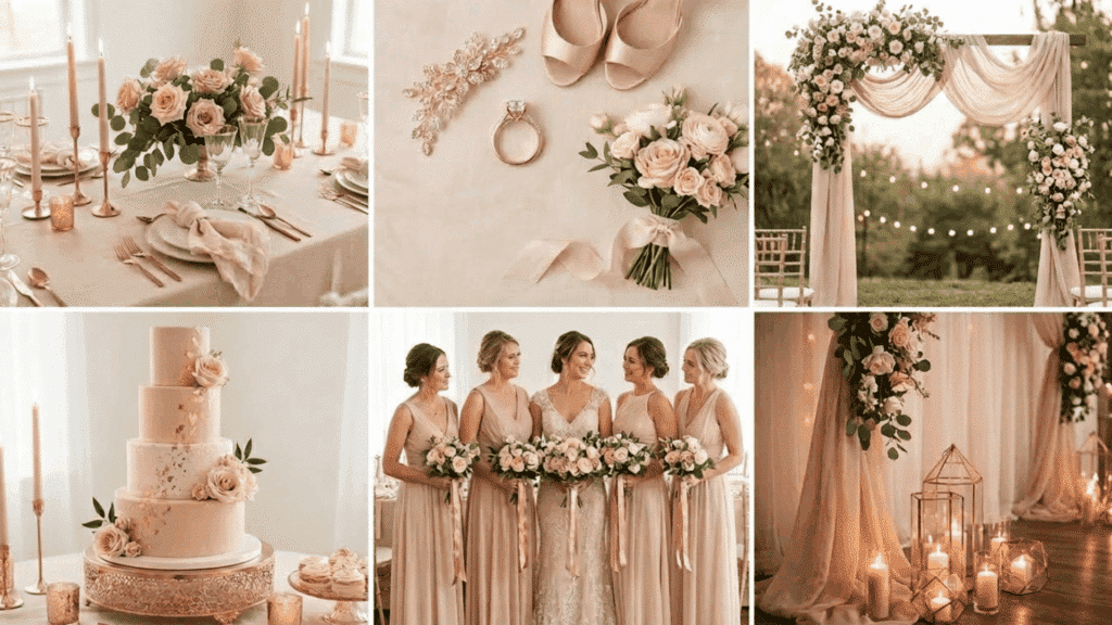 rose gold and nude wedding color scheme collage with soft tones candles and table decor