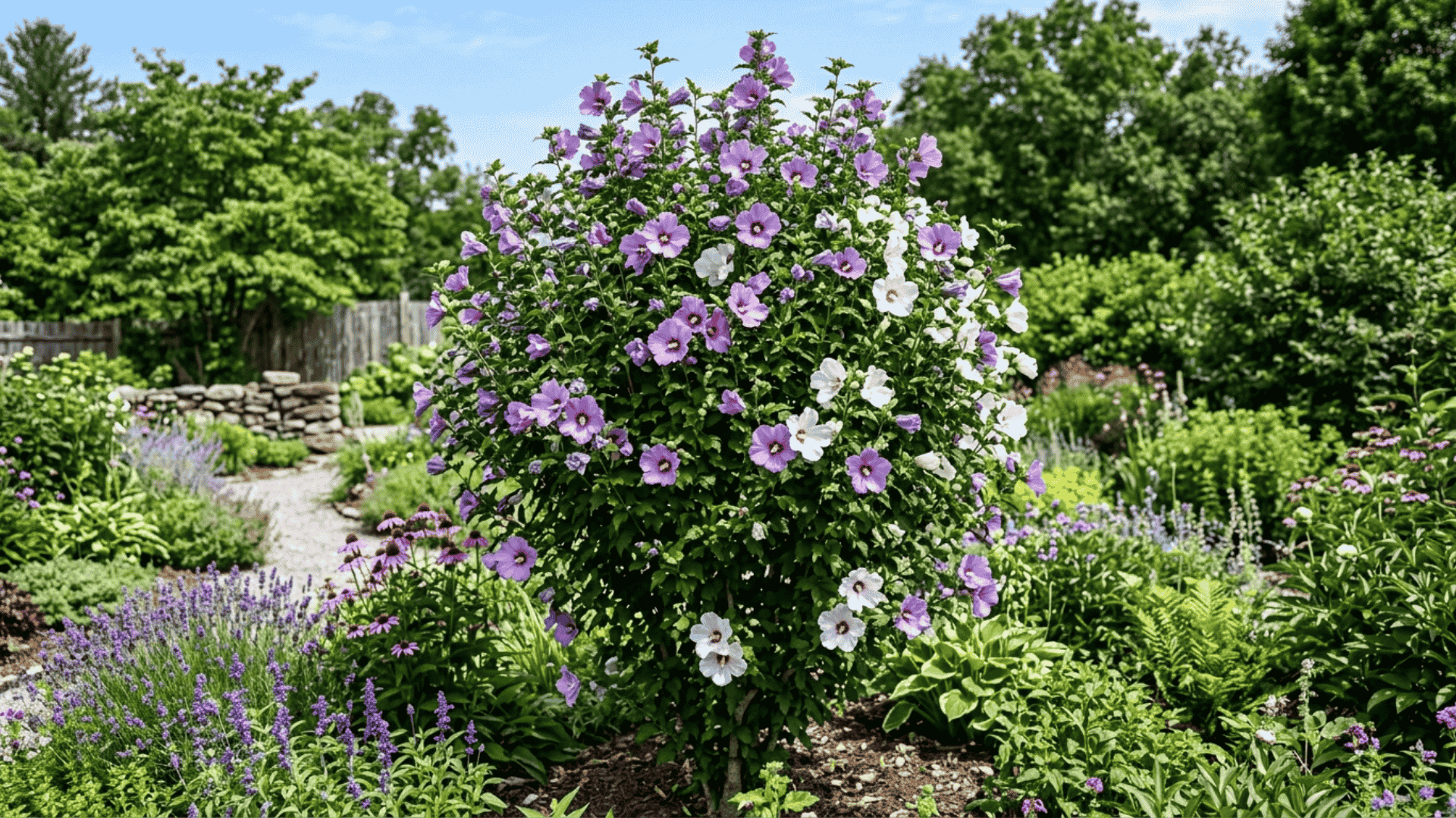 rose of sharon shrub with purple and white trumpet shaped flowers blooming in a sunny outdoor garden setting