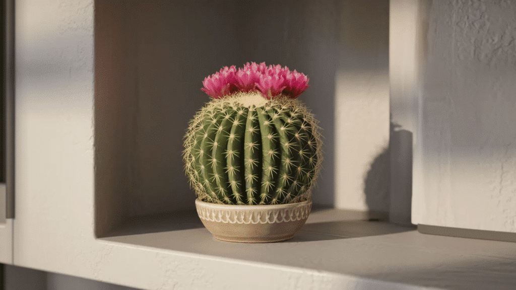 round globular cactus with pink flowers in a small pot on a sunlit indoor shelf decor