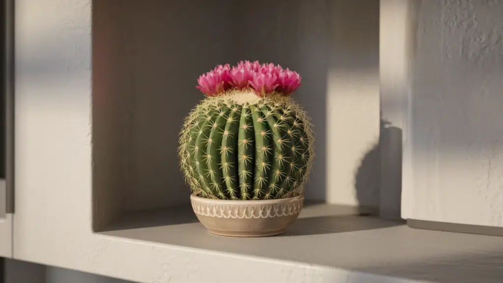 round globular cactus with pink flowers in a small pot on a sunlit indoor shelf decor