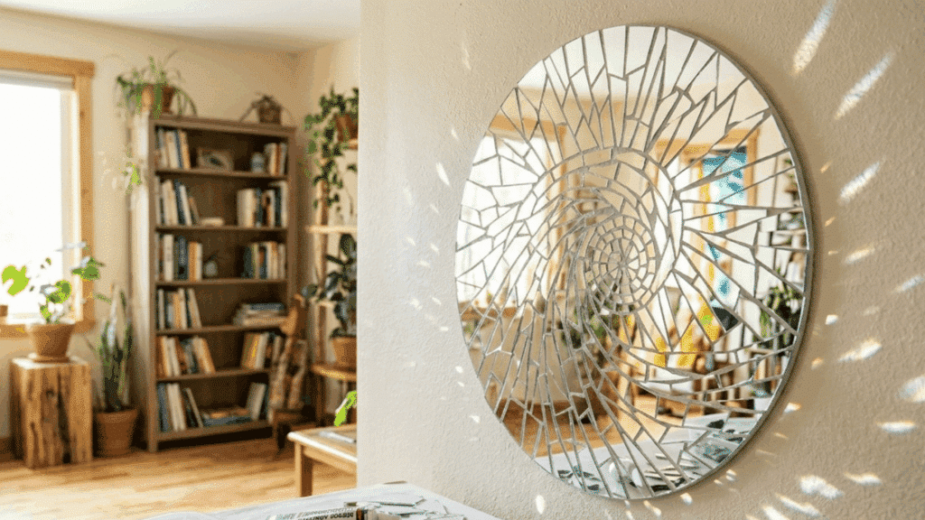 round mirror mosaic wall art with broken glass pieces creating a reflective spiral pattern.