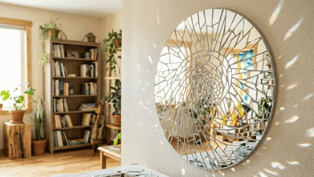 round mirror mosaic wall art with broken glass pieces creating a reflective spiral pattern.
