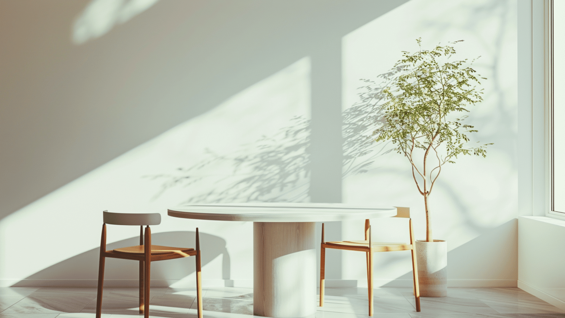 round pedestal table with single base in dining space, empty surface, wide view, clean interior (1)