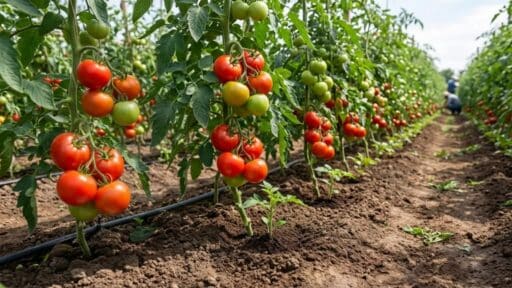 rows of tomato plants growing in a field with clusters of ripe and unripe tomatoes hanging from the vines