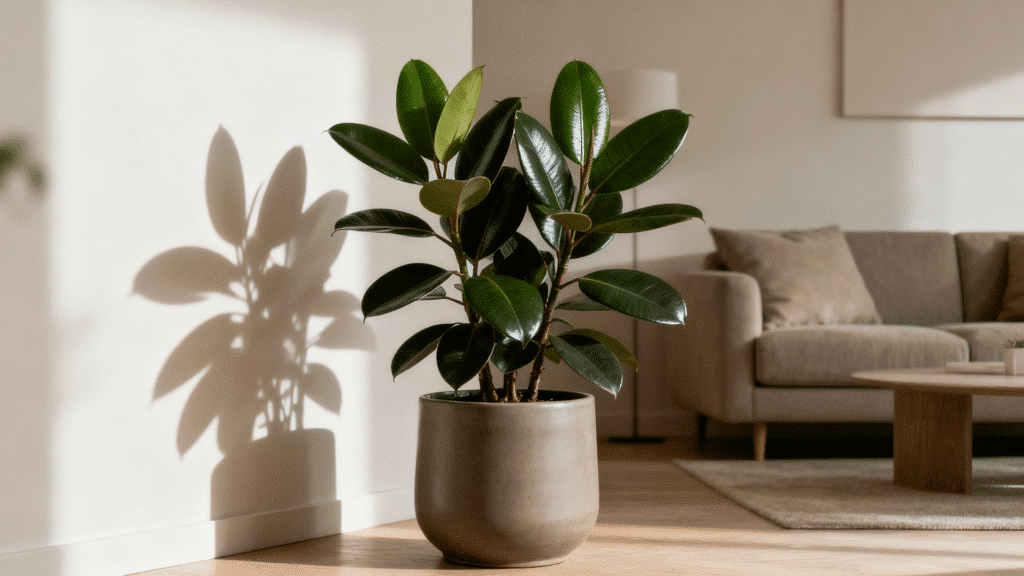 rubber plant in round pot beside sofa, glossy dark green leaves, soft sunlight casting shadow on wall, and cozy living room setting