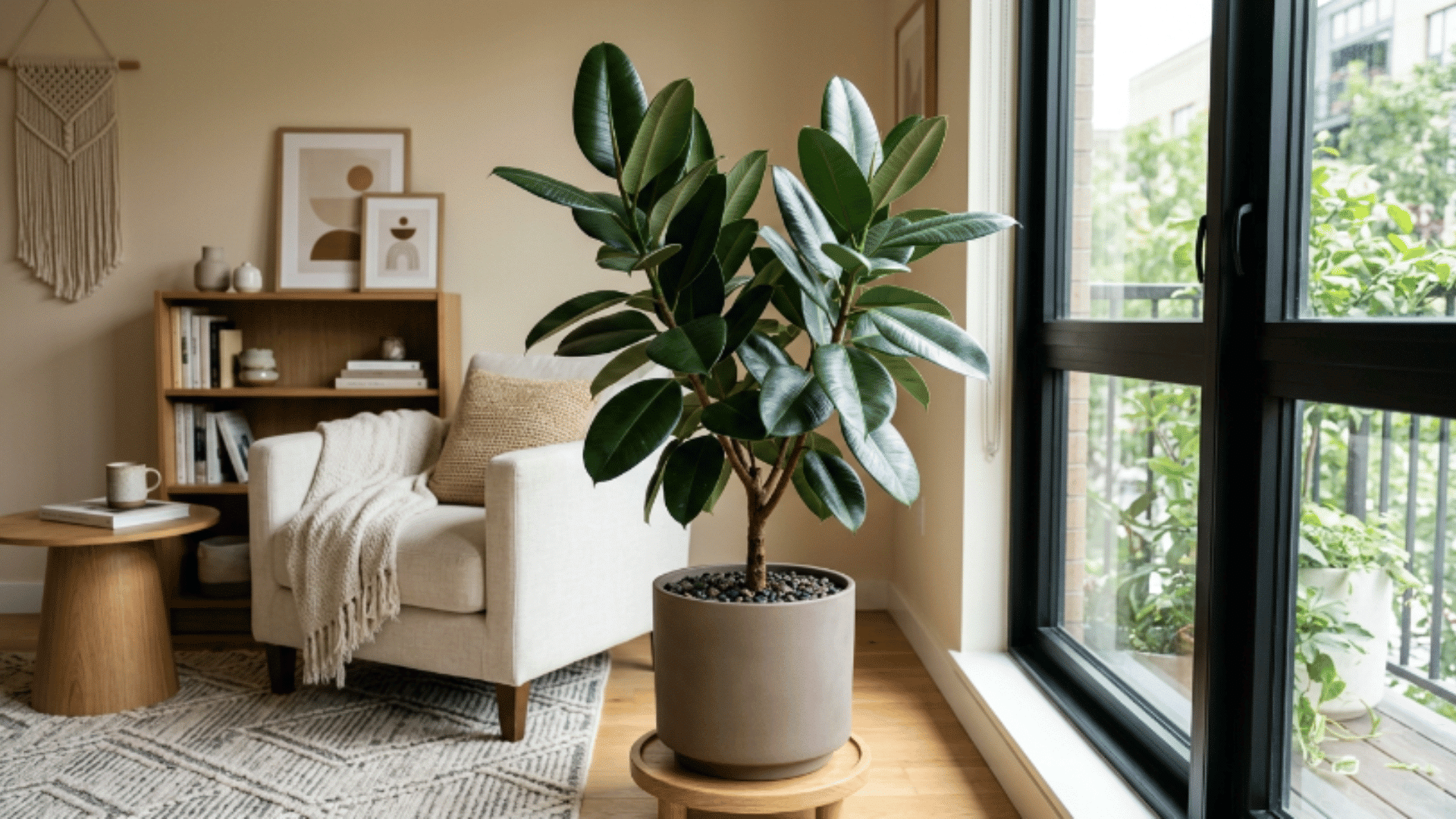 rubber plant with large glossy leaves placed in a pot near a window in a modern living room with soft natural lighting