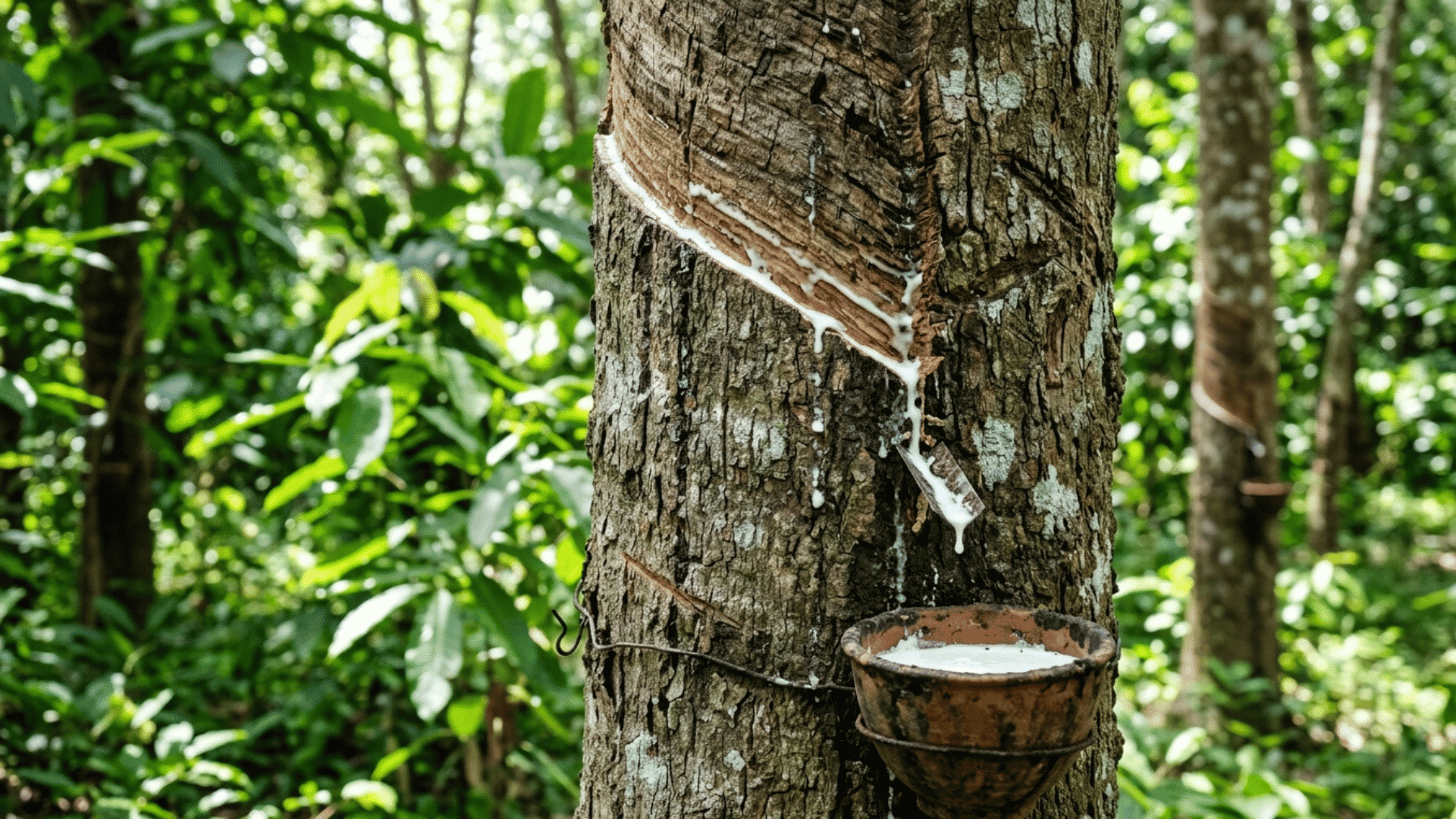 rubber tree with latex sap being collected in a cup in rainforest.