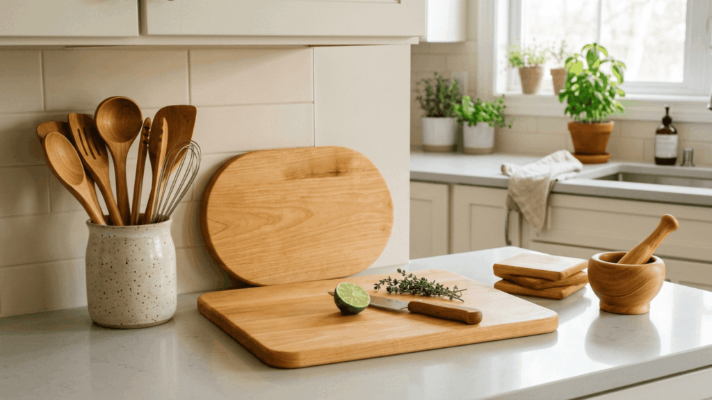 rubberwood cutting boards and kitchen utensils arranged on a clean countertop showing smooth texture and warm pale natural wood color