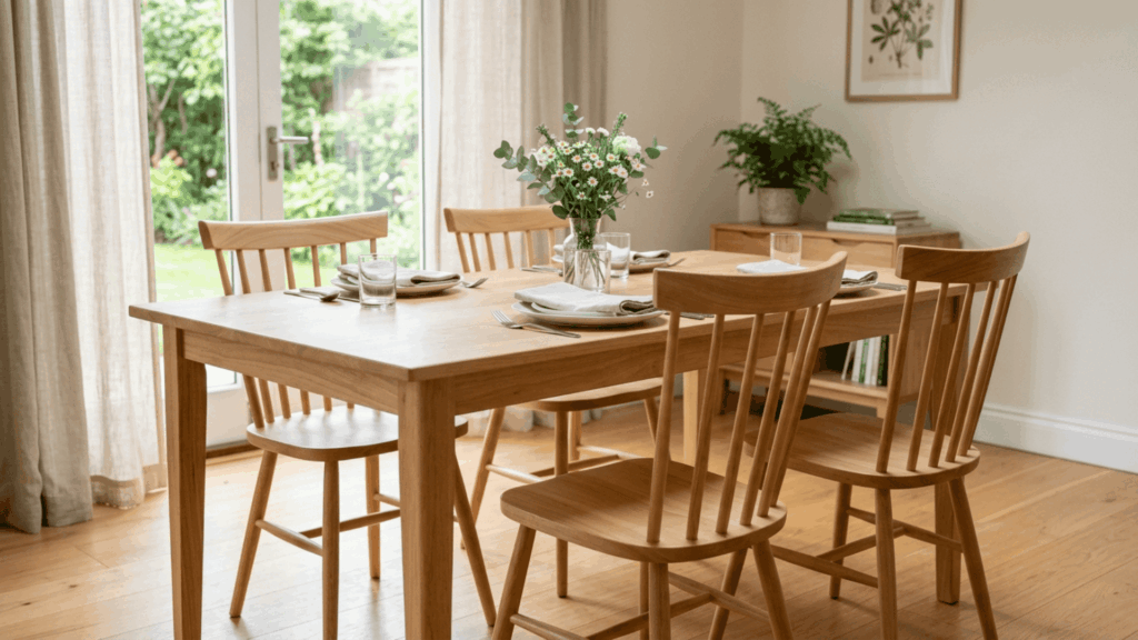 rubberwood dining chairs and table set in a bright indoor room showing smooth pale wood finish and natural grain pattern