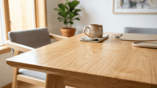 rubberwood dining table with light grain texture placed in a clean modern indoor setting with natural lighting and minimal decor