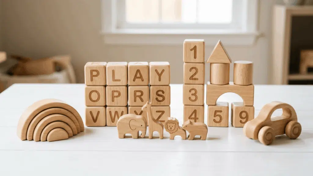 rubberwood educational blocks and wooden toys on a white surface showing smooth light wood texture and child safe rounded edges