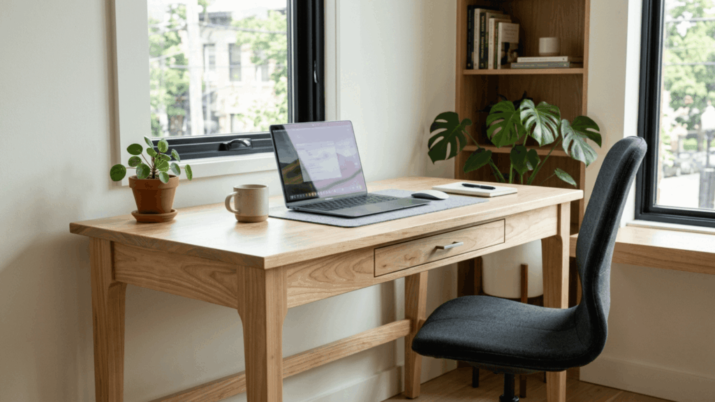 rubberwood office desk with smooth pale finish placed in a clean modern workspace showing neutral wood tone and sturdy structure