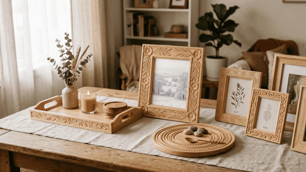 rubberwood picture frames and decorative trays on a light surface showing smooth carved detailing and warm pale natural wood finish