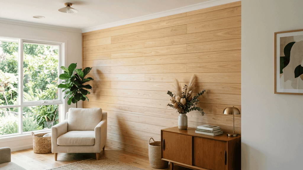 rubberwood wall paneling installed in a well lit residential room showing uniform grain and light natural wood tone on interior walls