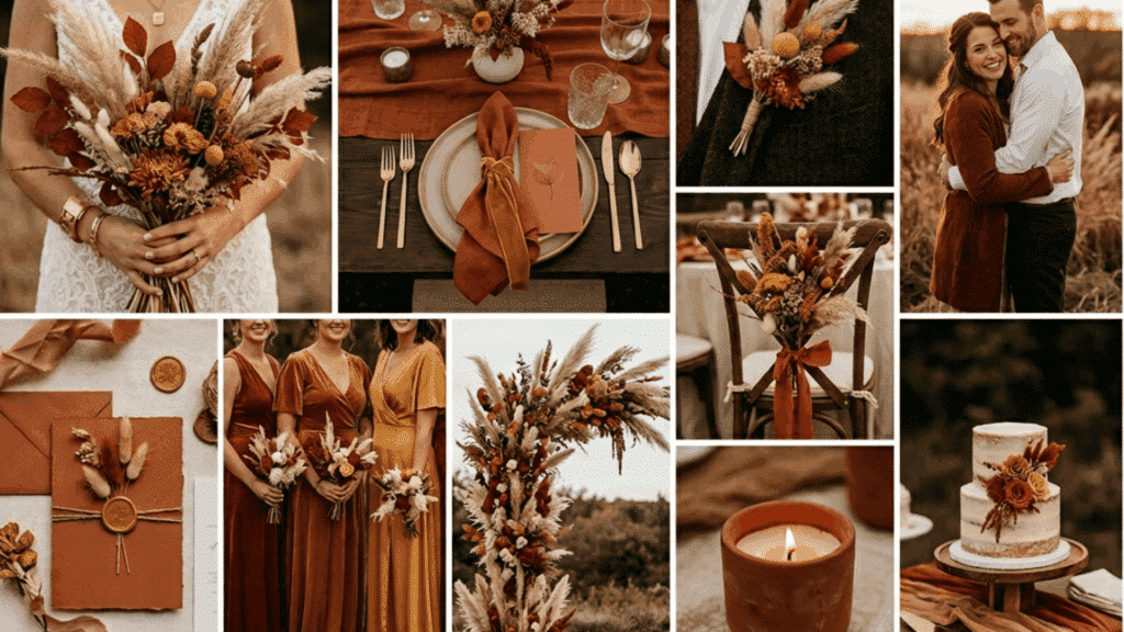 rust and mustard wedding color scheme collage with warm tones dried florals and decor