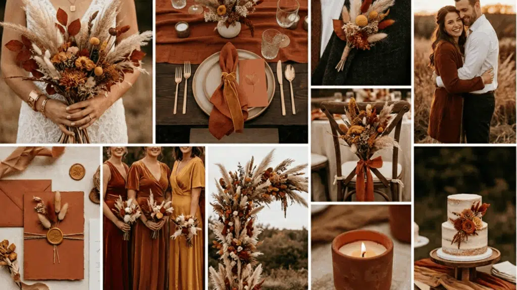 rust and mustard wedding color scheme collage with warm tones dried florals and decor