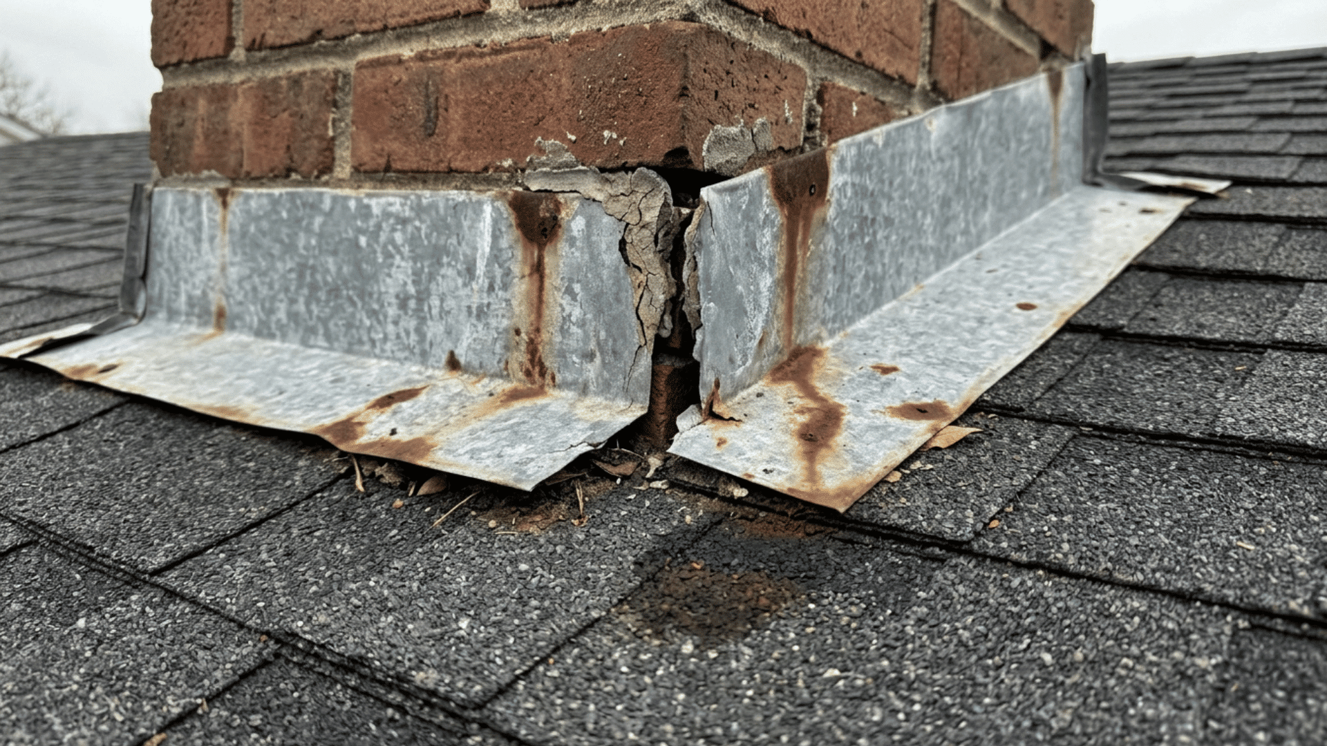 rusted and damaged chimney flashing with cracks leading to roof leak risk.
