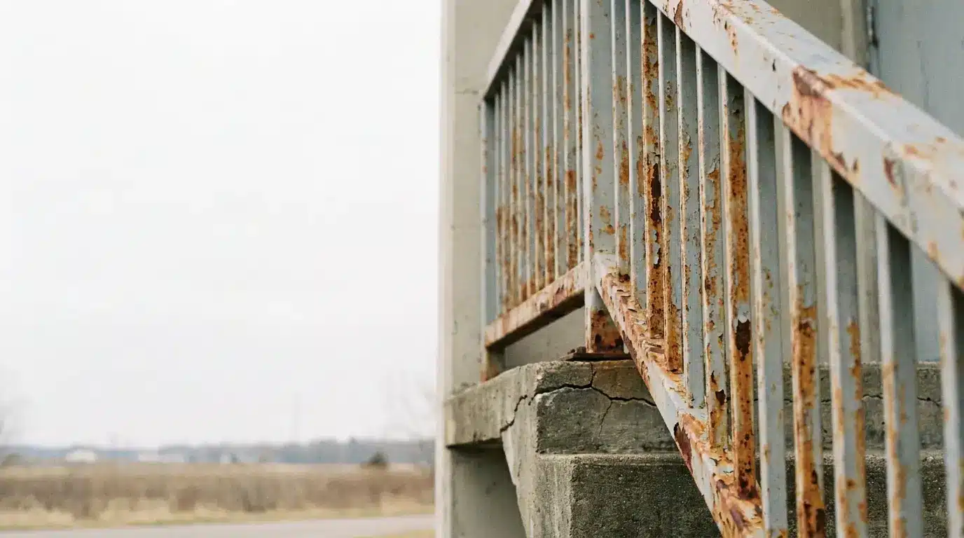 Rusty metal railings on cracked concrete steps in an outdoor setting under overcast sky