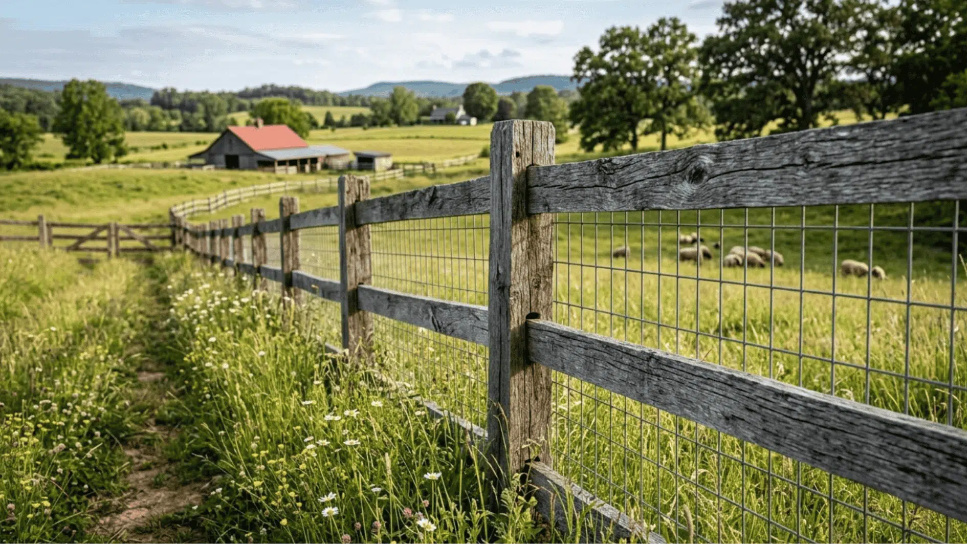 rustic barn wood fence with hog wire mesh in sunny countryside field with wildflowers