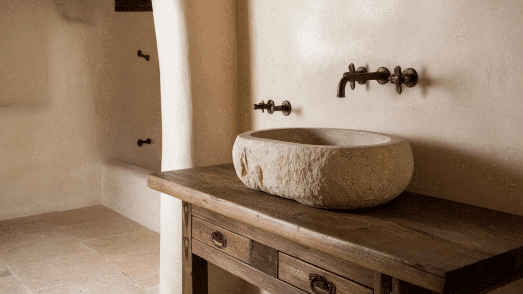 rustic bathroom vanity with a stone vessel sink and wall-mounted iron faucets.