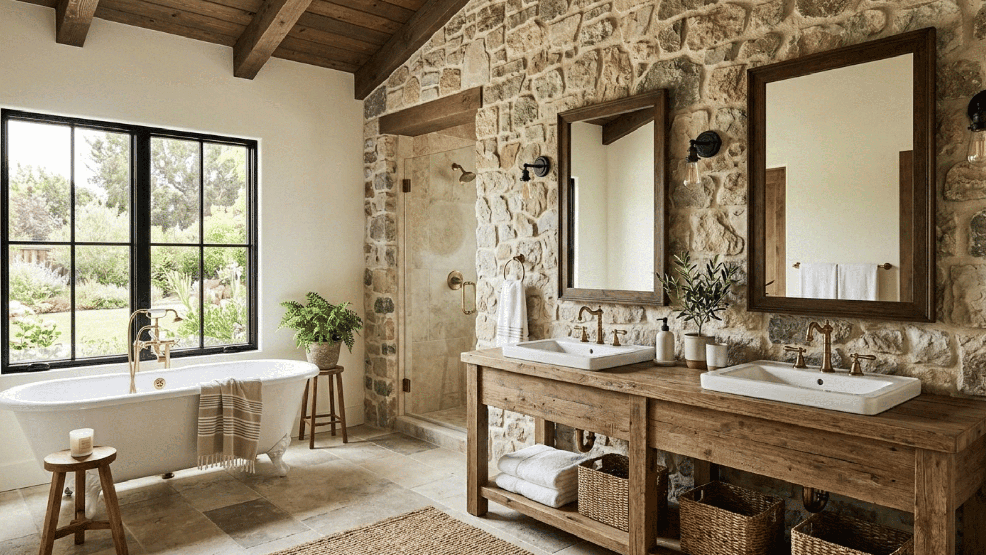 rustic bathroom with stone wall, double vanity, and freestanding bathtub.