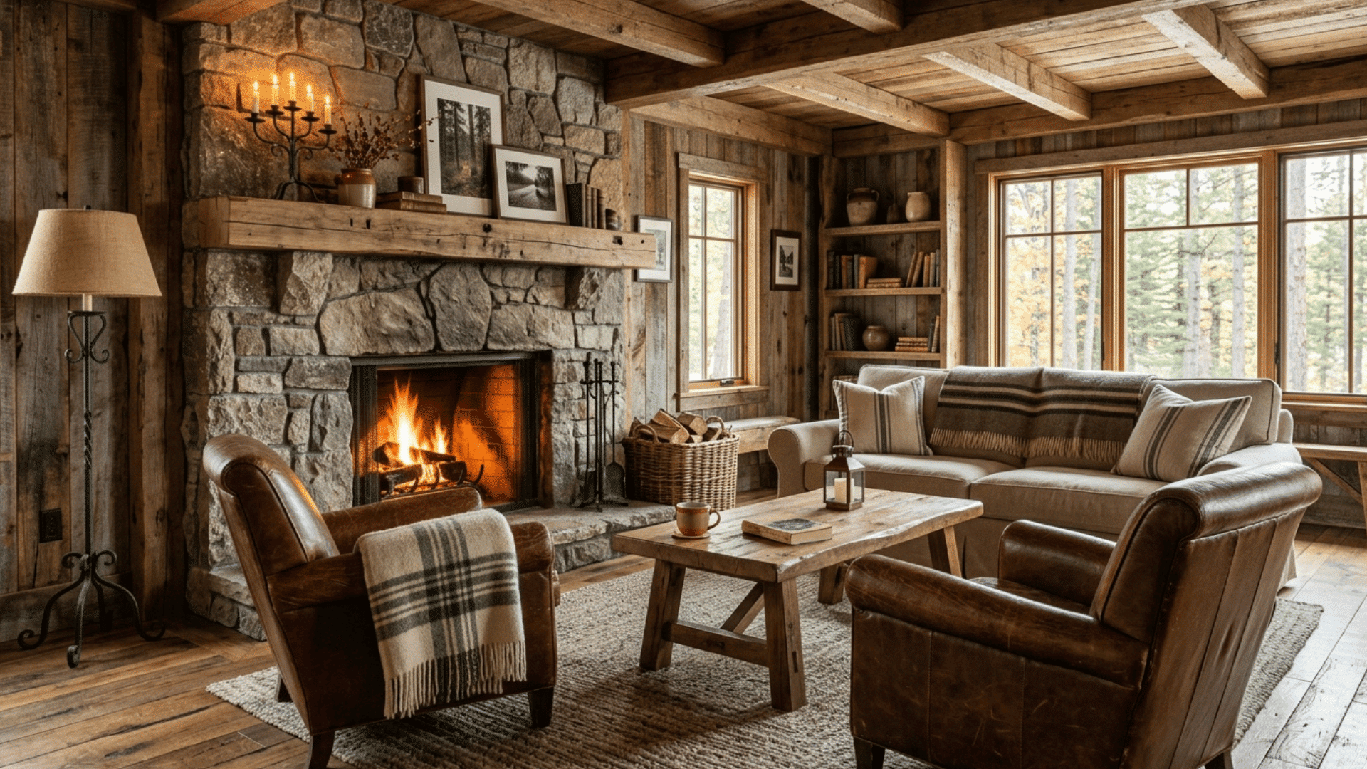 rustic cabin living room with stone fireplace, wood beams, leather chairs, and warm lighting.