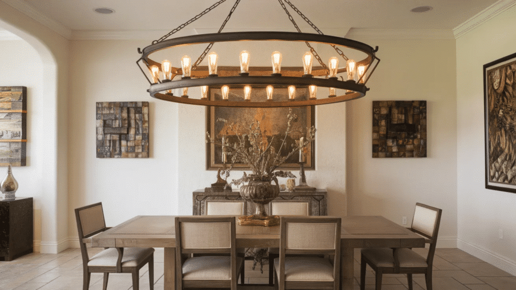 rustic dining room with a large round chandelier, wooden furniture, and artwork on the walls