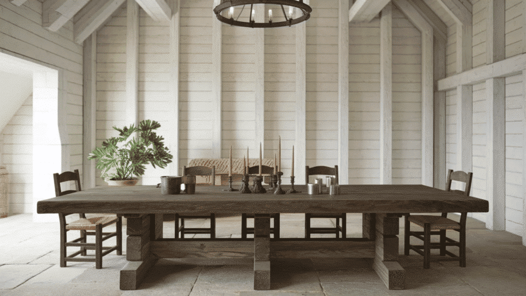 rustic dining room with a large wooden table, vintage chairs, and a light, airy space enhanced by vaulted ceilings and white walls.
