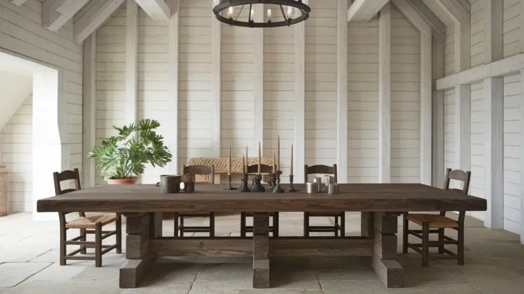 rustic dining room with a large wooden table, vintage chairs, and a light, airy space enhanced by vaulted ceilings and white walls.