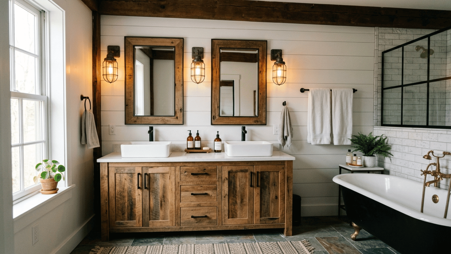 rustic farmhouse bathroom with double wood vanity, mirrors, and freestanding tub.