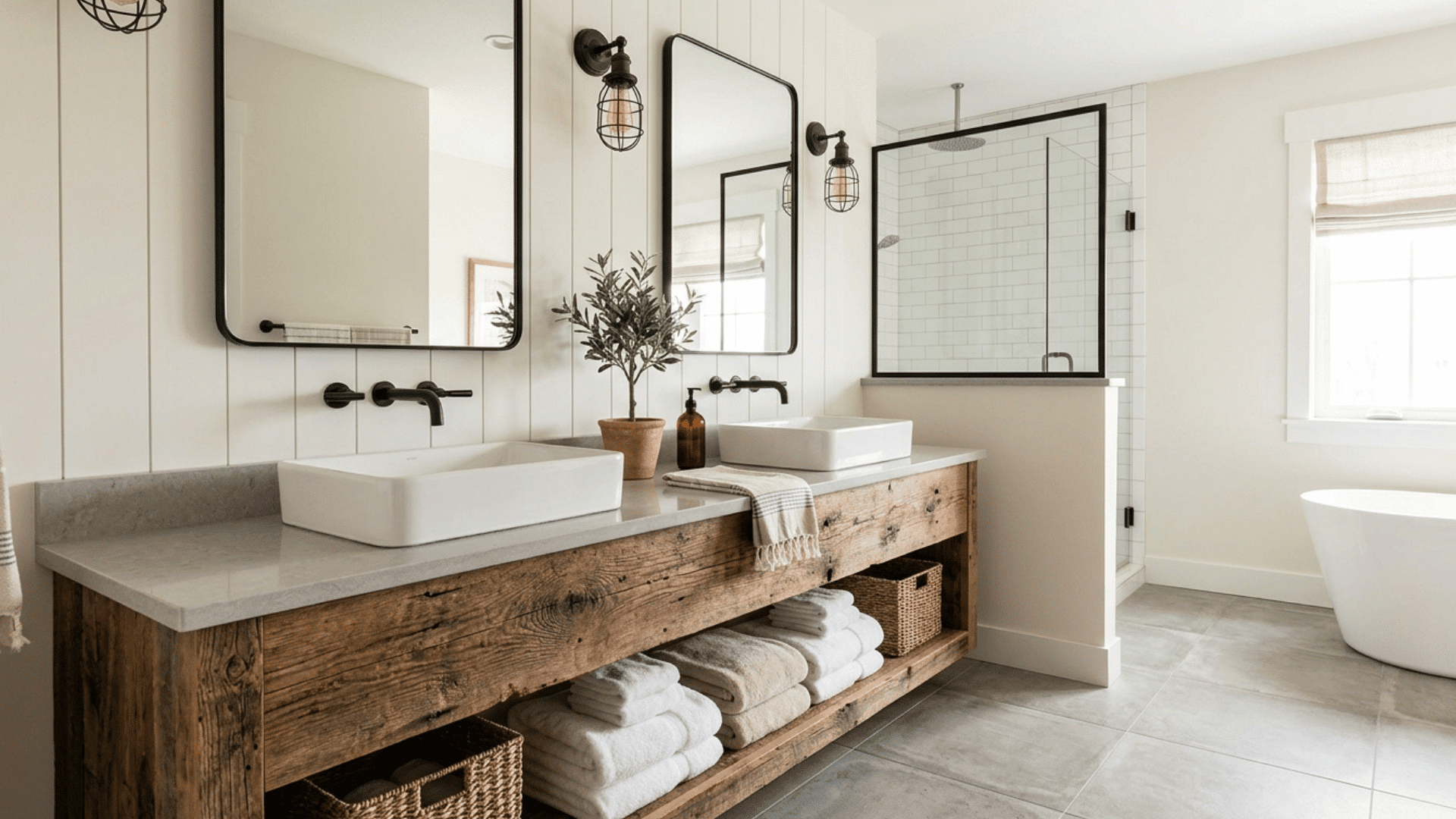 rustic farmhouse bathroom with wood vanity, open shelving, and black fixtures.