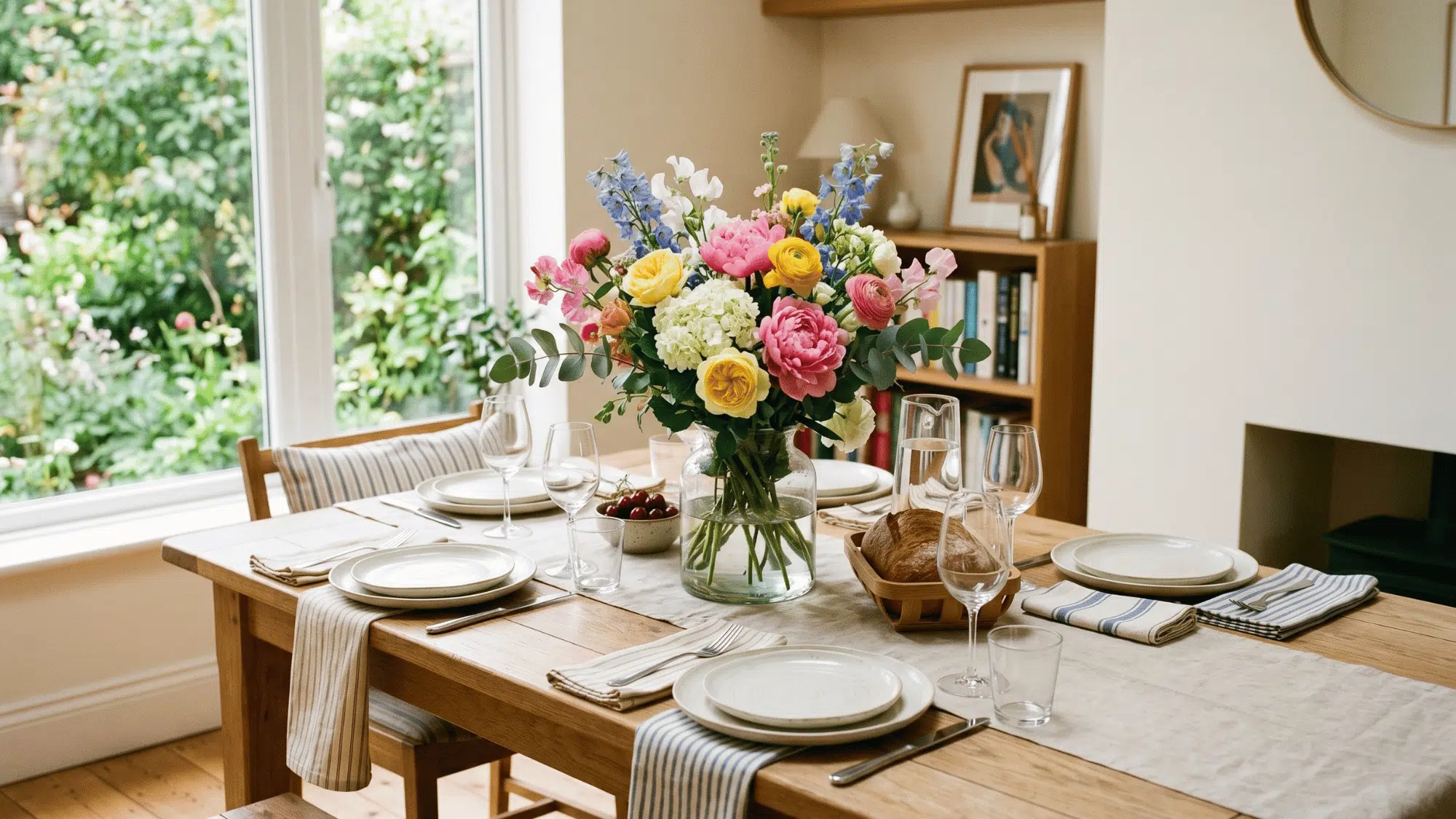 rustic jug filled with flowers on wooden dining table, farmhouse style
