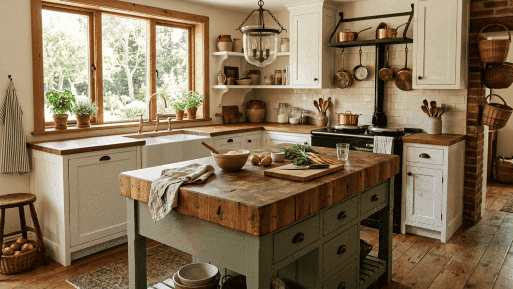 rustic kitchen with butcher block wooden countertop, farmhouse decor, natural light, and warm cozy textures throughout