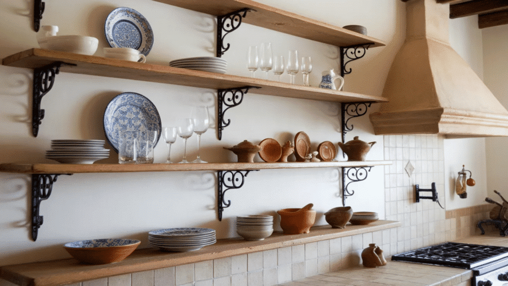 rustic kitchen with open wooden shelves, wrought iron brackets, ceramic dishes, and terracotta pottery