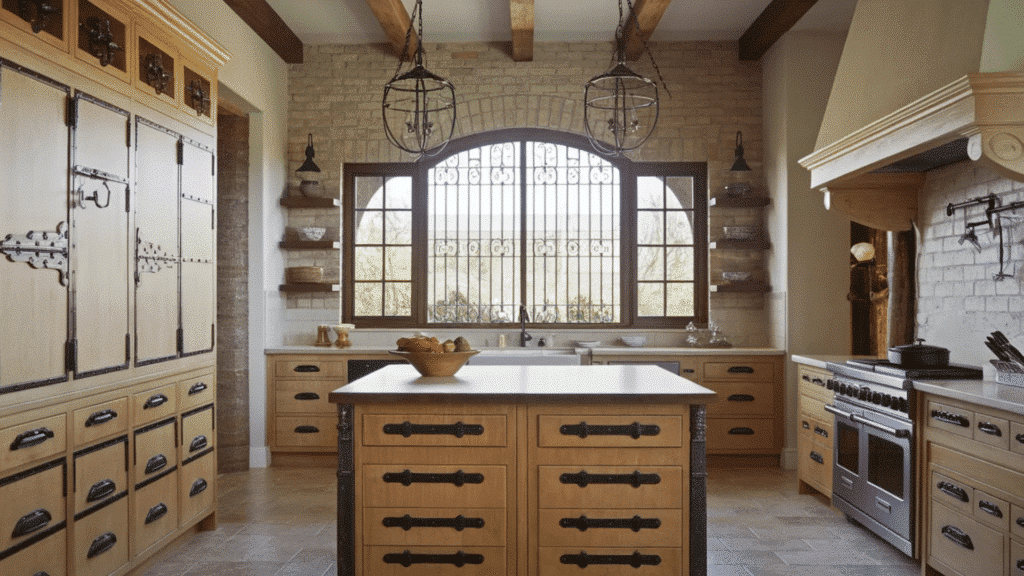 rustic kitchen with wooden cabinetry, iron handles, a large island, and a stunning arched window with a wrought iron design