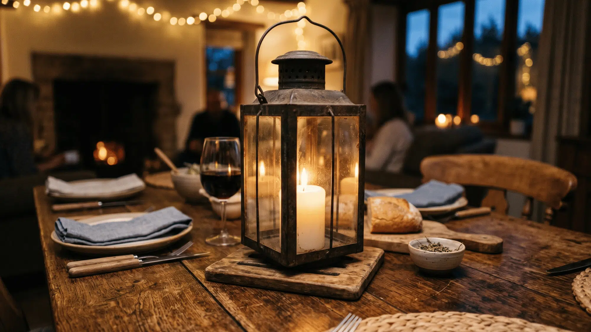 rustic lantern with candle inside placed on dining table, warm evening lighting