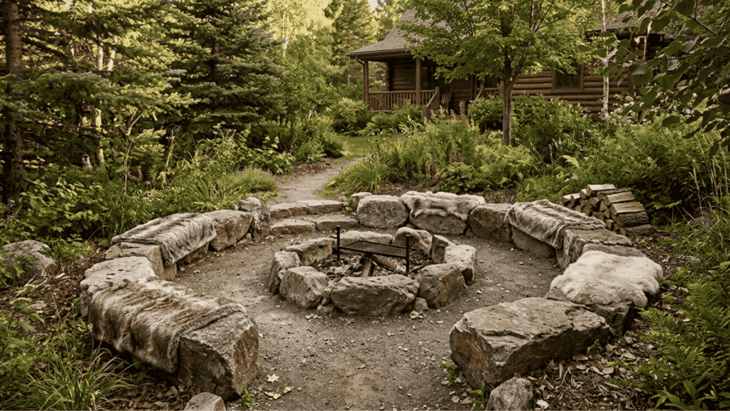 rustic stone fire pit seating woodland backyard natural landscaping cozy cabin style