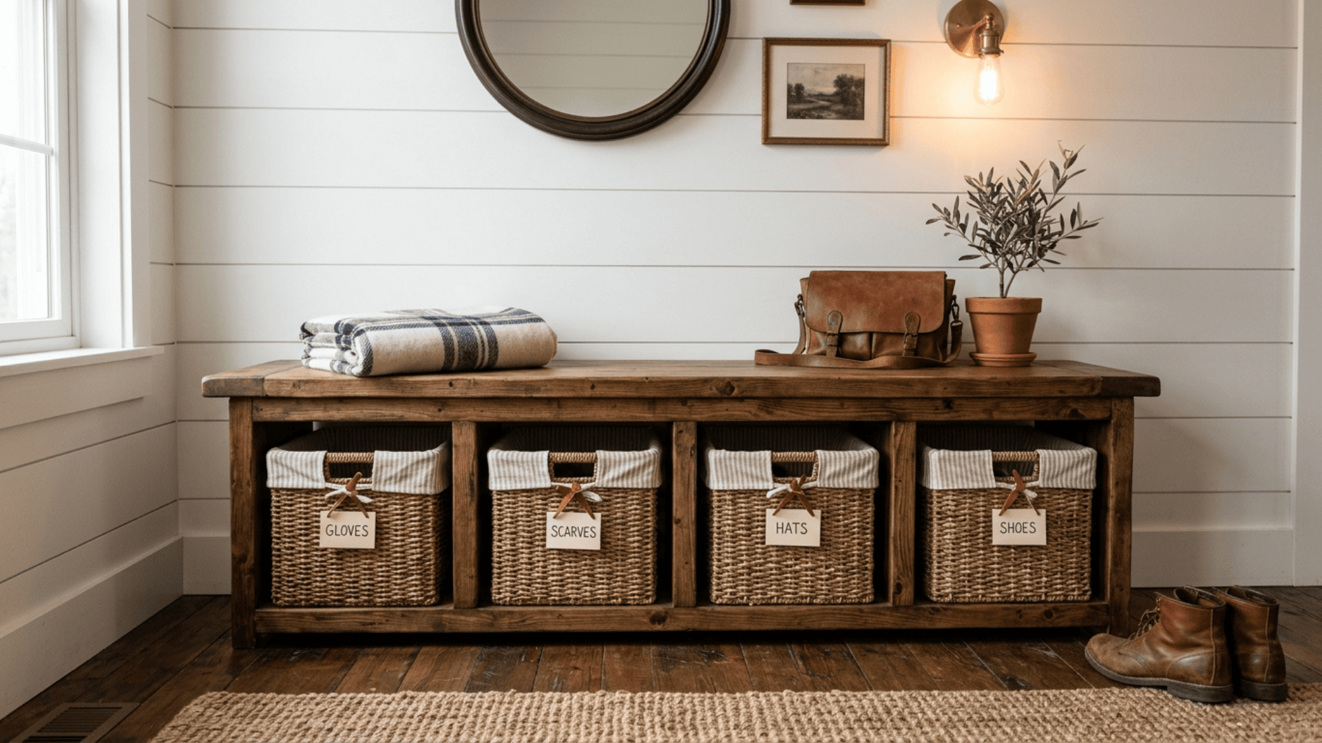 rustic wooden bench with open slots holding labeled woven baskets with fabric liners in a warm entryway setting