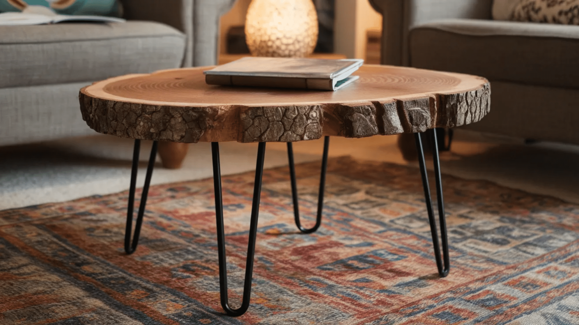 rustic wooden coffee table with a natural edge and metal legs, featuring a stack of books placed on top. The table is positioned on a colorful rug in a cozy living room setting