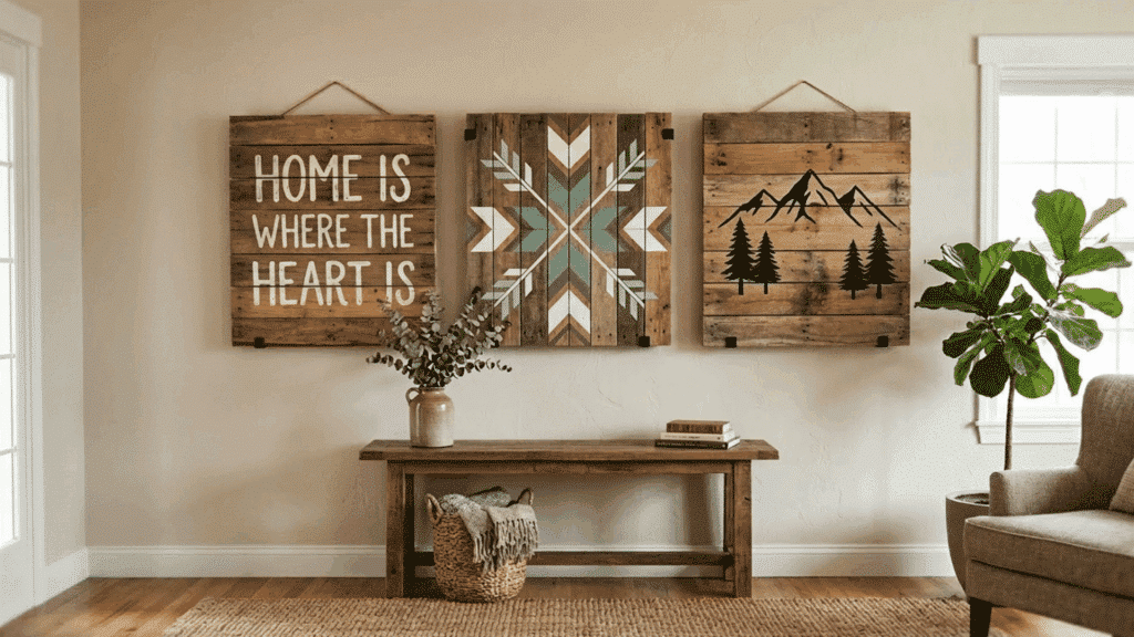 rustic wooden pallet wall art with painted quotes and patterns in a cozy living room.
