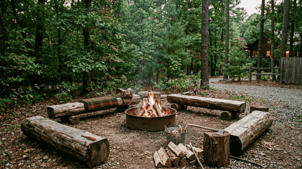 rustic woodland campsite fire pit with log benches circular seating natural forest setting campfire tools and wood pile