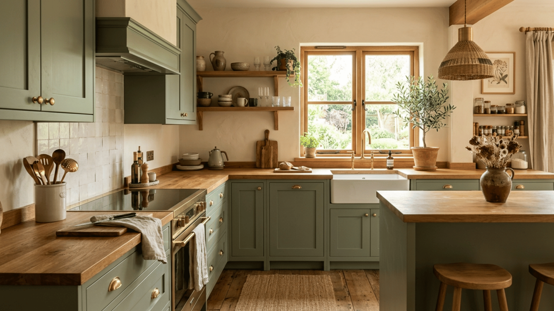 sage green kitchen with ivory walls wood counters and brass details