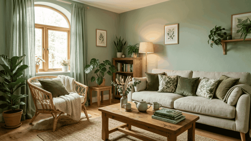 sage green living room with olive cushions, rattan chair, and indoor plants