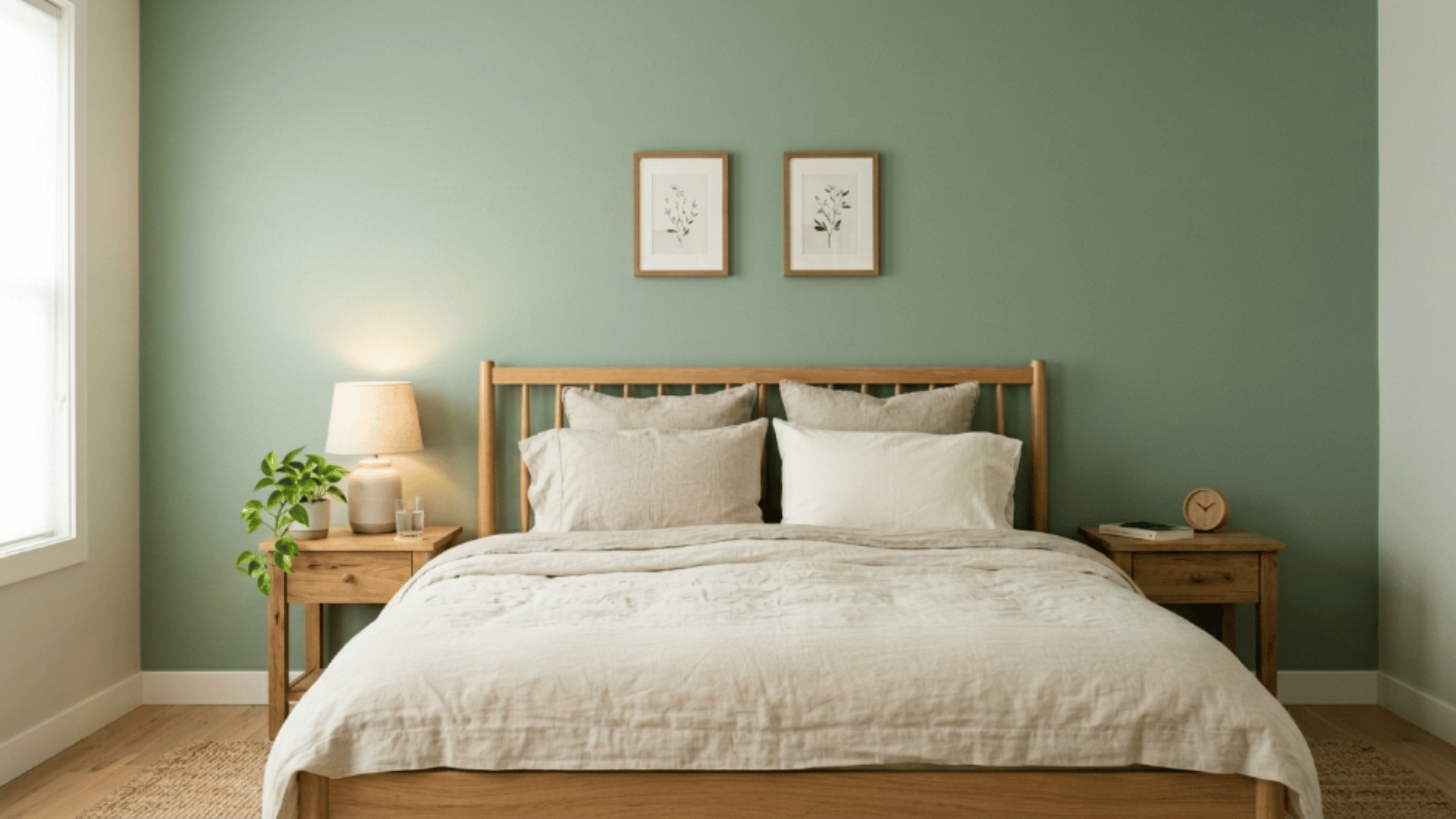 sage green wall with wooden furniture and neutral bedding creating a fresh and relaxed bedroom setup